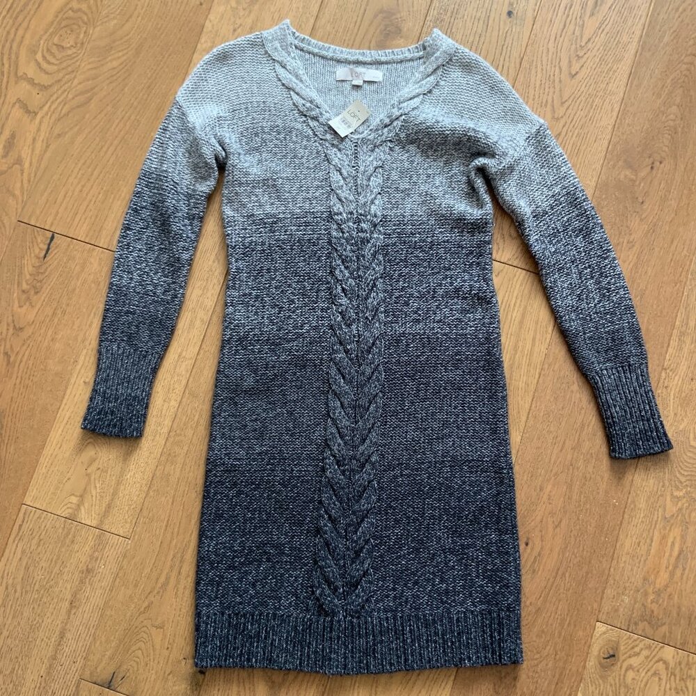 Ann Taylor Loft Grey Ombre Striped Knit V Neck Wool Blend Dress Small Petite